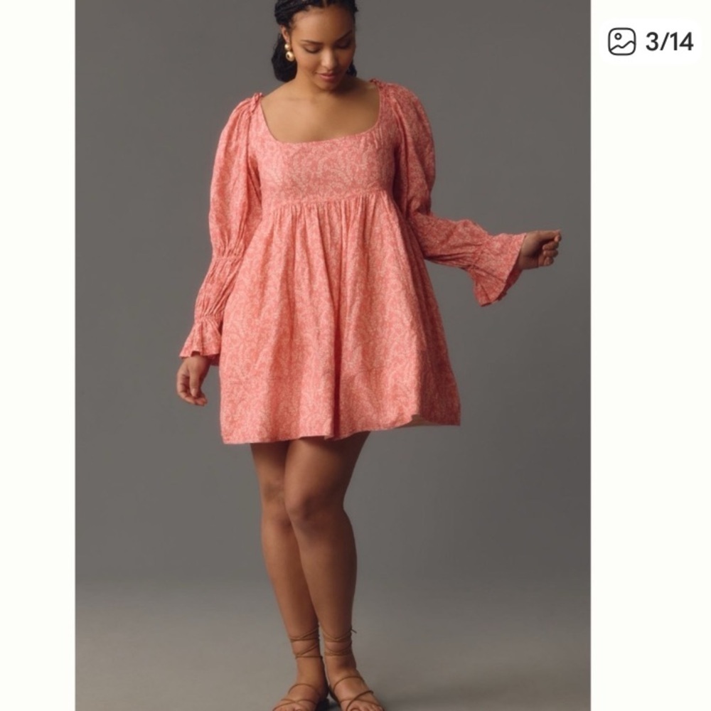 Anthropologie Pilcro pink floral babydoll mini dress with gathered sleeves. L